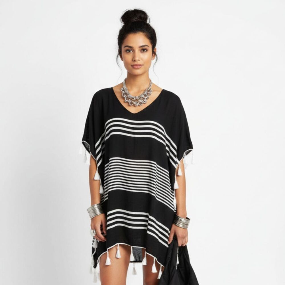 C&T Beach Black & White Striped Fringe Trim‎ Short Sleeve Swim Cover Up L